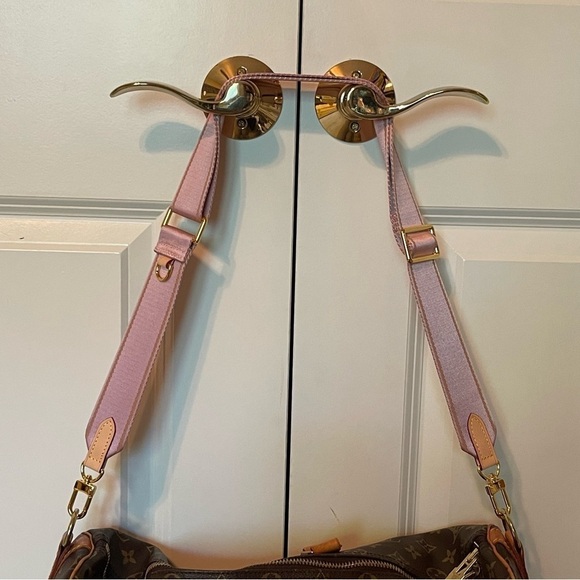 NWT Pink Beige stripe Adjustable Wide Crossbody Strap w/Leather & Gold Hardware - Picture 3 of 11